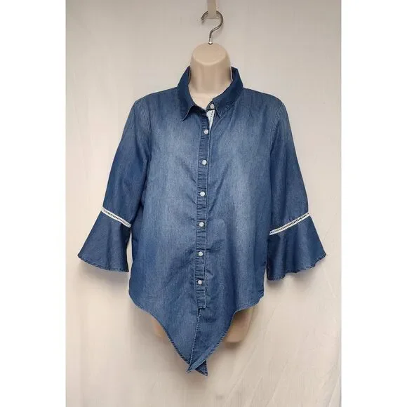 Westbound Blue Denim Womens 3/4 Bell Sleeve Front Tie Blouse Size Medium - Picture 2 of 5